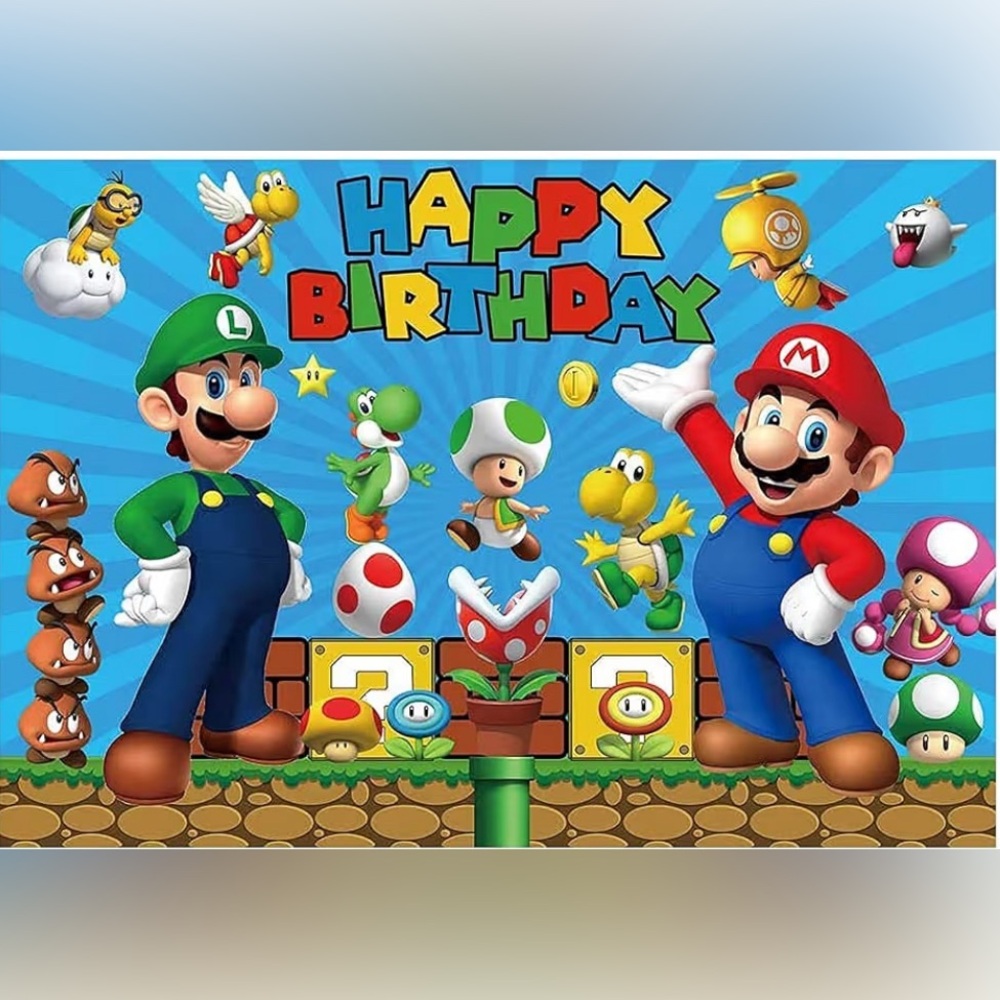 Super Mario Happy Birthday fabric backdrop + ceiling streamers 3x5 approx